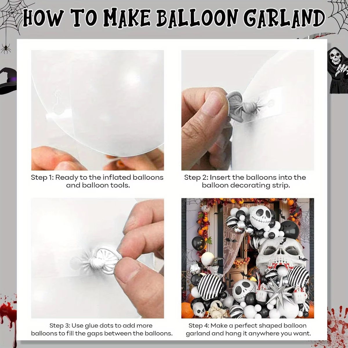 122PCS 18'' Skull Skeleton Bat Sticker Halloween Balloon Garland & Arch Kit - ChildAngle