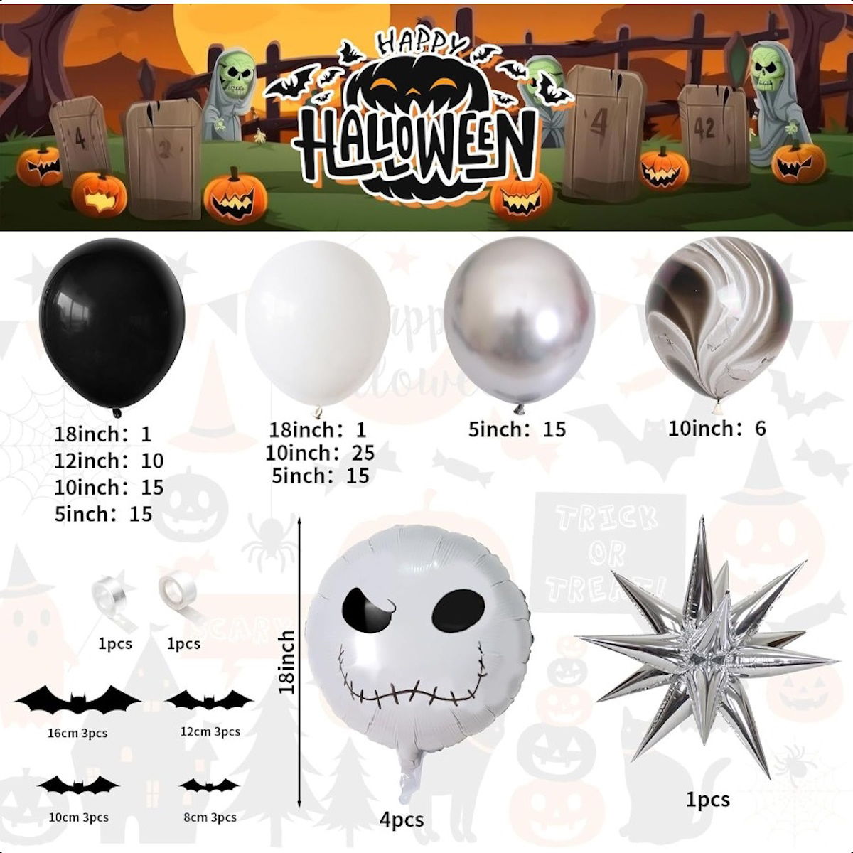 122PCS 18'' Skull Skeleton Bat Sticker Halloween Balloon Garland & Arch Kit - ChildAngle