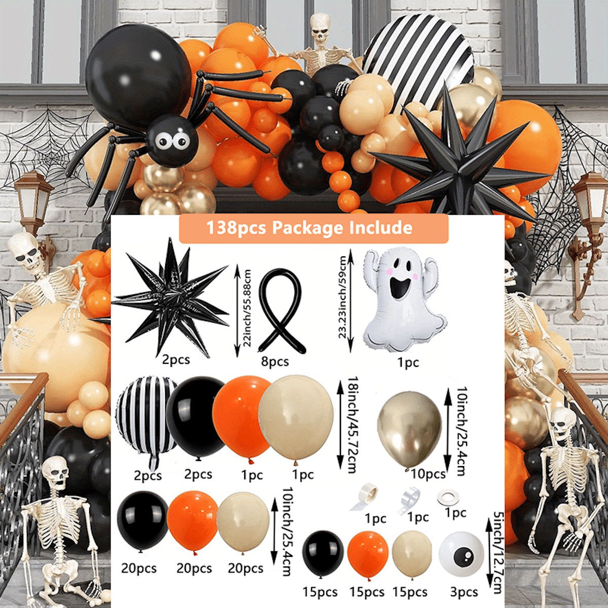 138PCS 23'' Ghost Eyeball Spider Halloween Balloon Garland and Arch Set - ChildAngle