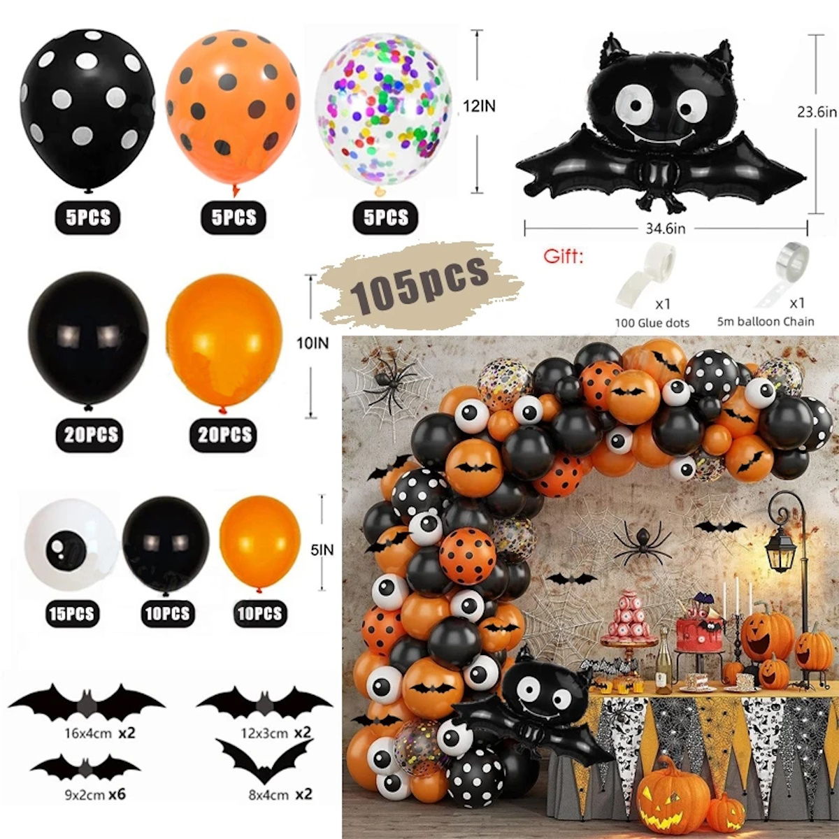 140PCS 32'' Halloween Bat Foil Balloon Spider Balloon for Wall Balloon Garland Set Decoration - ChildAngle