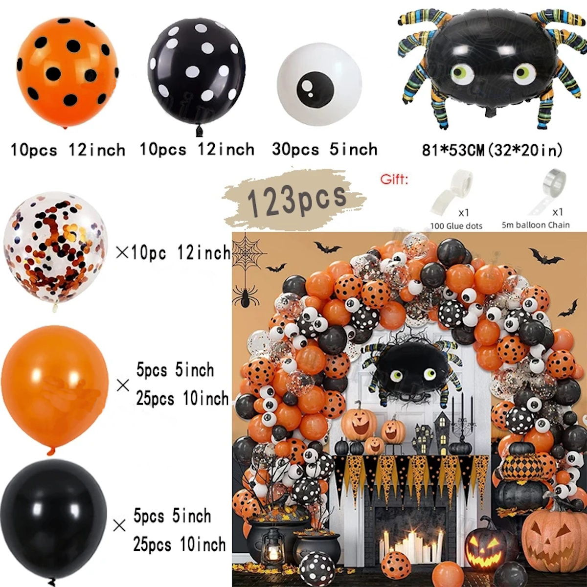 140PCS 32'' Halloween Bat Foil Balloon Spider Balloon for Wall Balloon Garland Set Decoration - ChildAngle