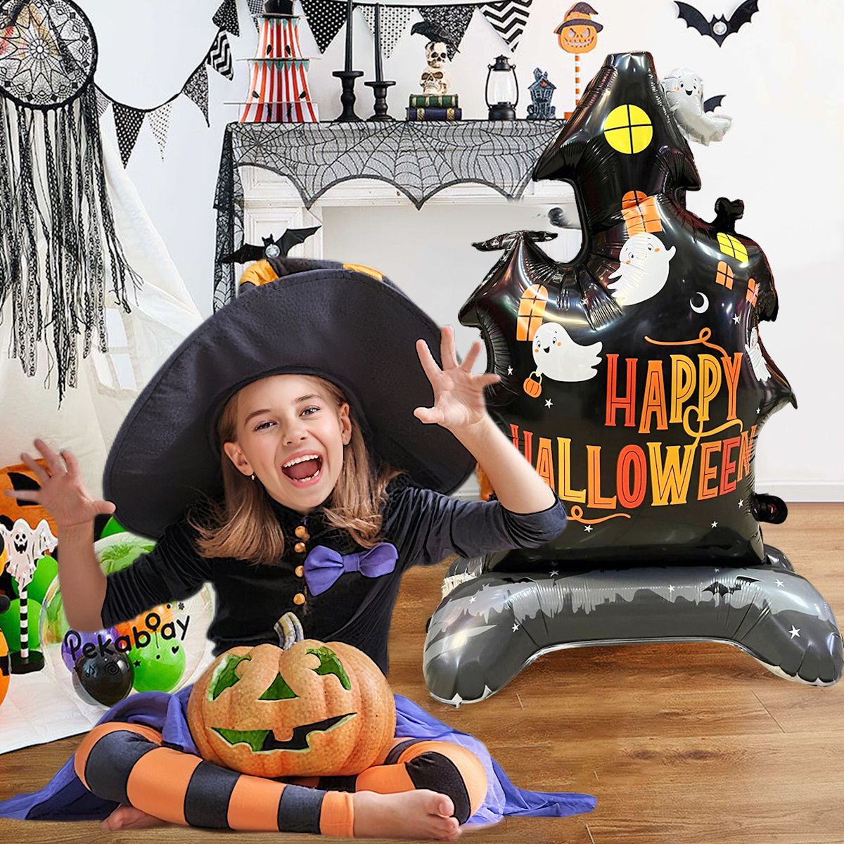 1PC 60'' Balloon Centerpiece Giant Balloon Haunted House Bat Black Cat Spider Coffin Ghost for Arch Balloon Focal - ChildAngle