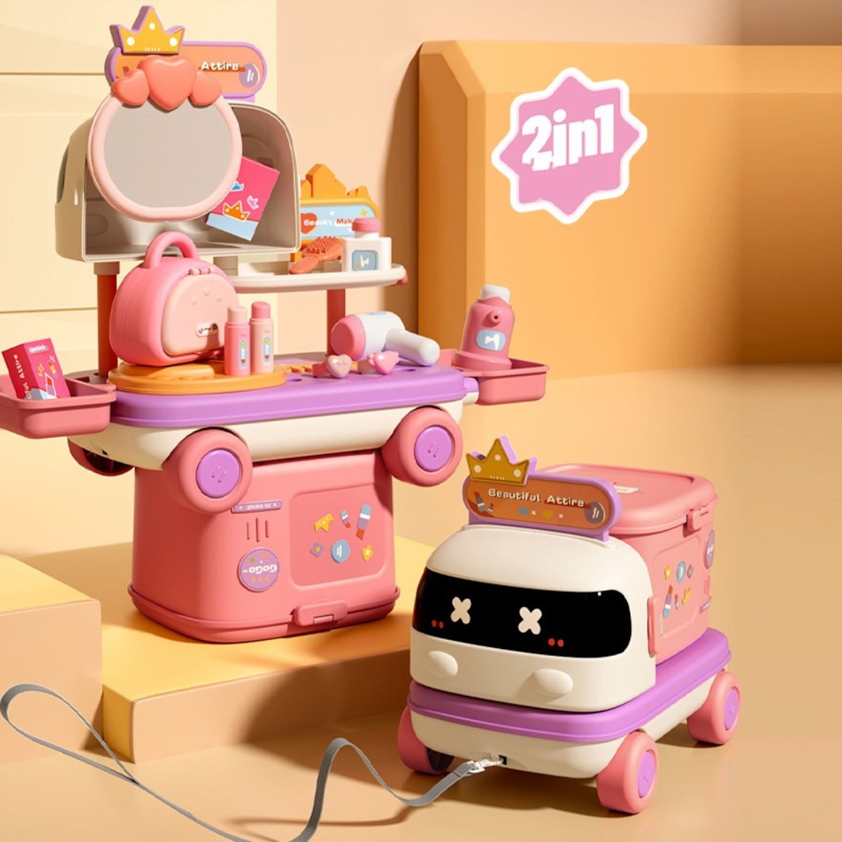 Vanity Beauty 2-in-1 Pretend Play Pull-Along Car with Makeup & Hair Styling Accessories - ChildAngle