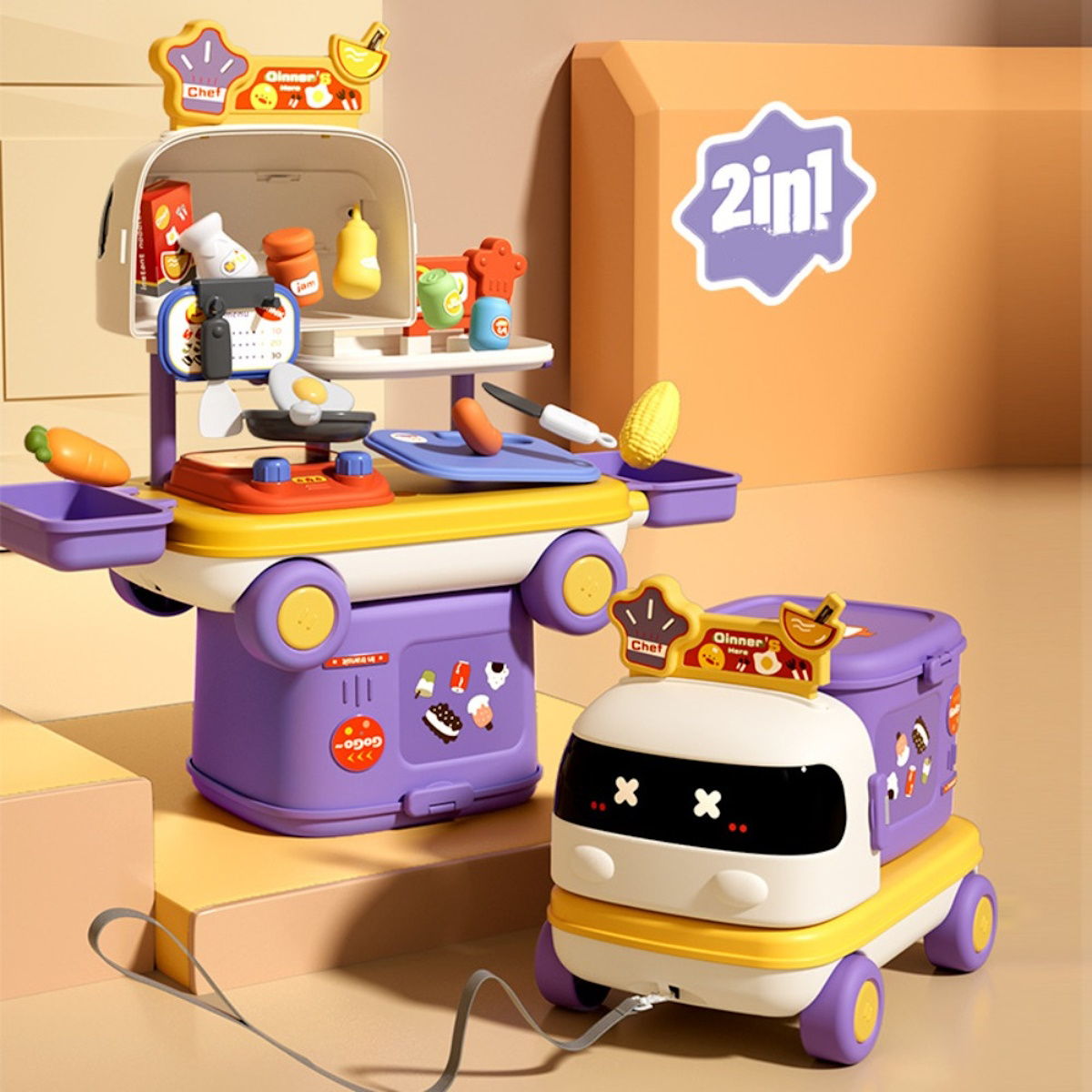 Kitchen & Food 2-in-1 Pretend Play Pull-Along Car with Cooking Utensils & Toy Food Set - ChildAngle