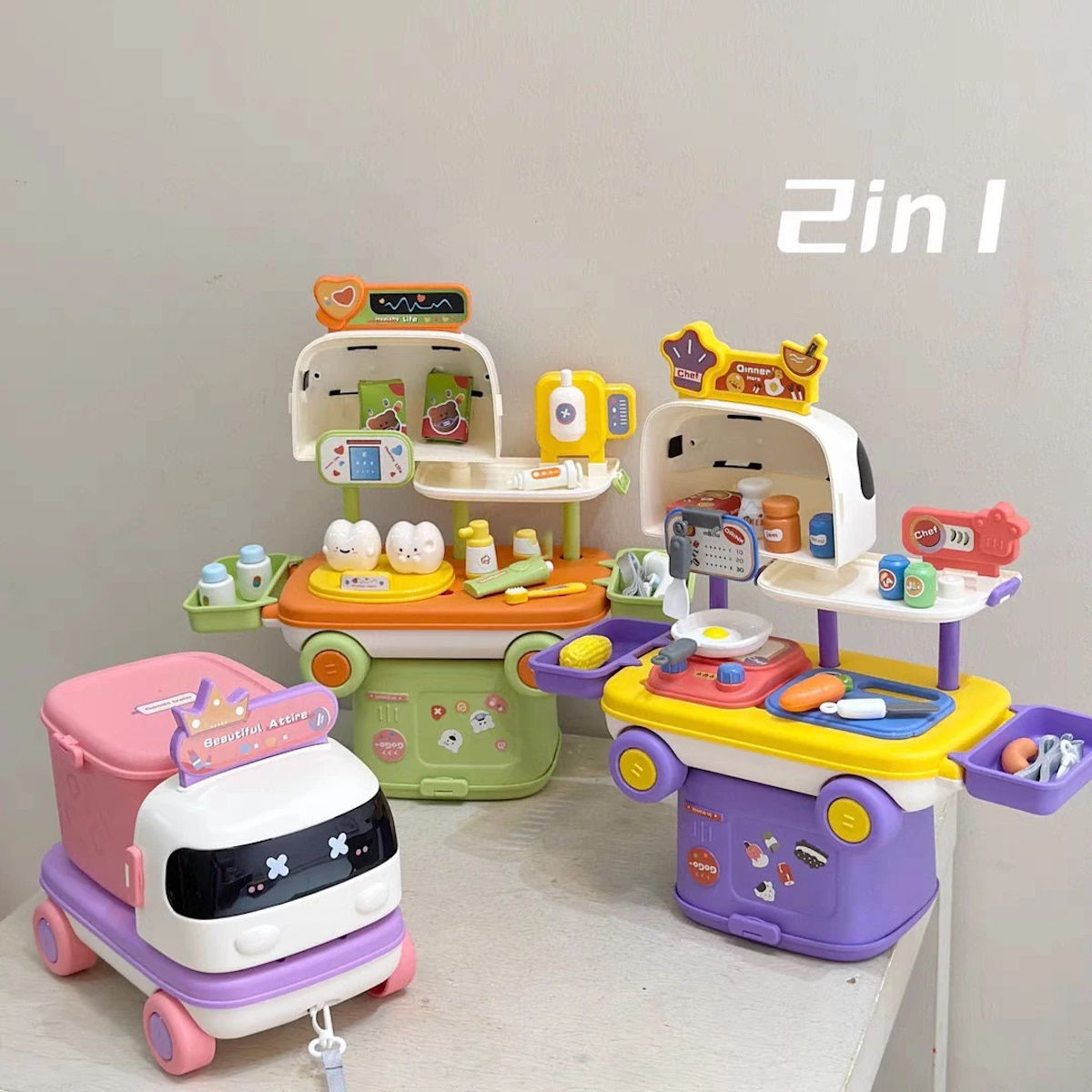Kitchen & Food 2-in-1 Pretend Play Pull-Along Car with Cooking Utensils & Toy Food Set - ChildAngle