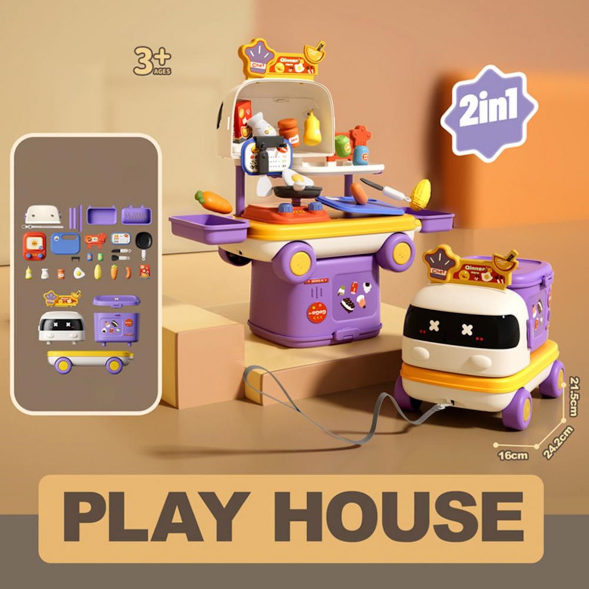 Kitchen & Food 2-in-1 Pretend Play Pull-Along Car with Cooking Utensils & Toy Food Set - ChildAngle