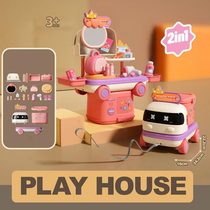 Vanity Beauty 2-in-1 Pretend Play Pull-Along Car with Makeup & Hair Styling Accessories - ChildAngle