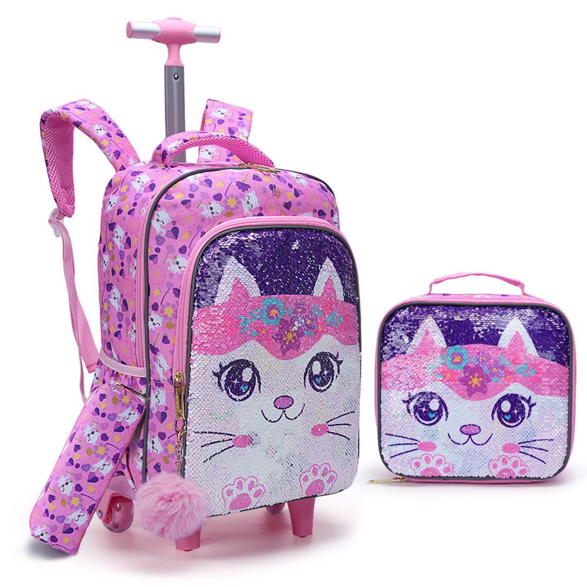 3PCS 2-in-1 Reversible Sequin Glitter Cat Trolley School Bag Childrens Rucksack with Wheels and Lunchbox Pencil Case Set - ChildAngle