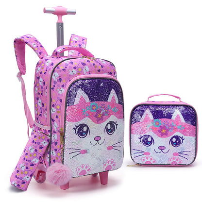 3PCS 2-in-1 Reversible Sequin Glitter Cat Trolley School Bag Childrens Rucksack with Wheels and Lunchbox Pencil Case Set - ChildAngle