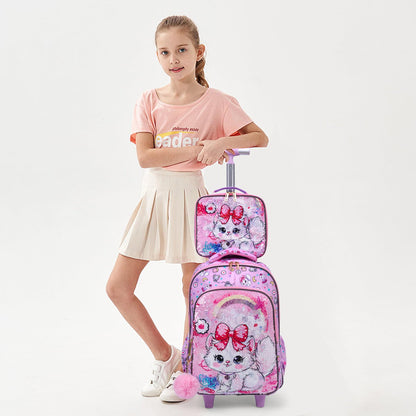 3PCS 2-in-1 Reversible Sequin Glitter Cat Trolley School Bag Childrens Rucksack with Wheels and Lunchbox Pencil Case Set - ChildAngle