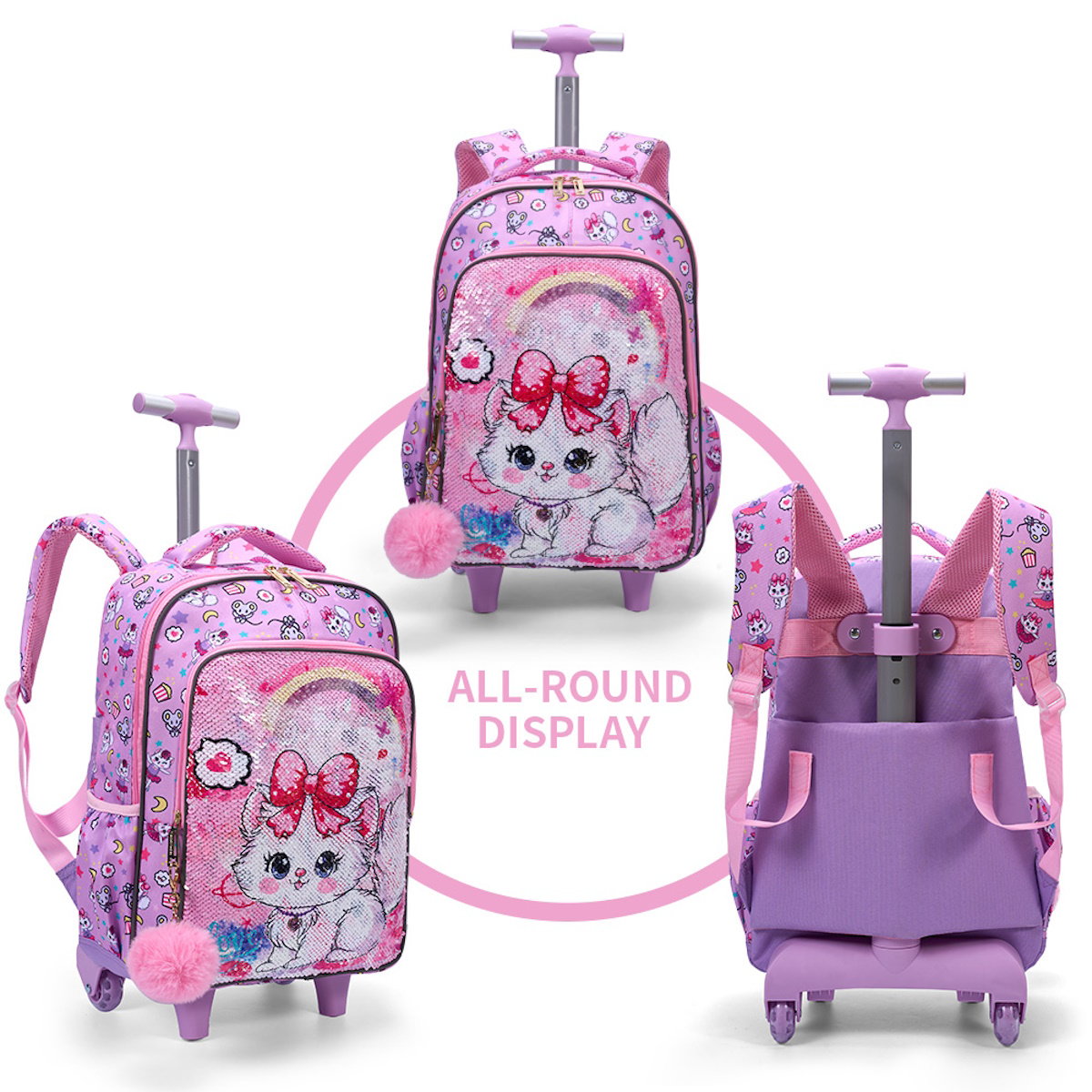 3PCS 2-in-1 Reversible Sequin Glitter Cat Trolley School Bag Childrens Rucksack with Wheels and Lunchbox Pencil Case Set - ChildAngle