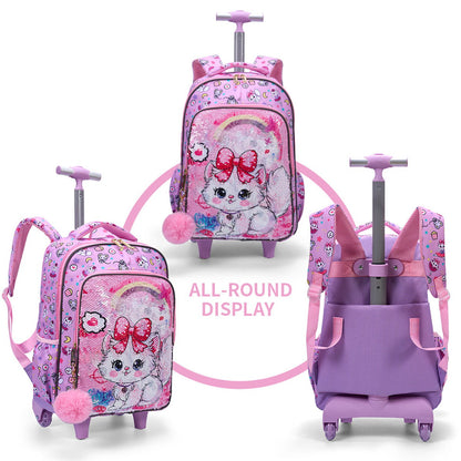 3PCS 2-in-1 Reversible Sequin Glitter Cat Trolley School Bag Childrens Rucksack with Wheels and Lunchbox Pencil Case Set - ChildAngle