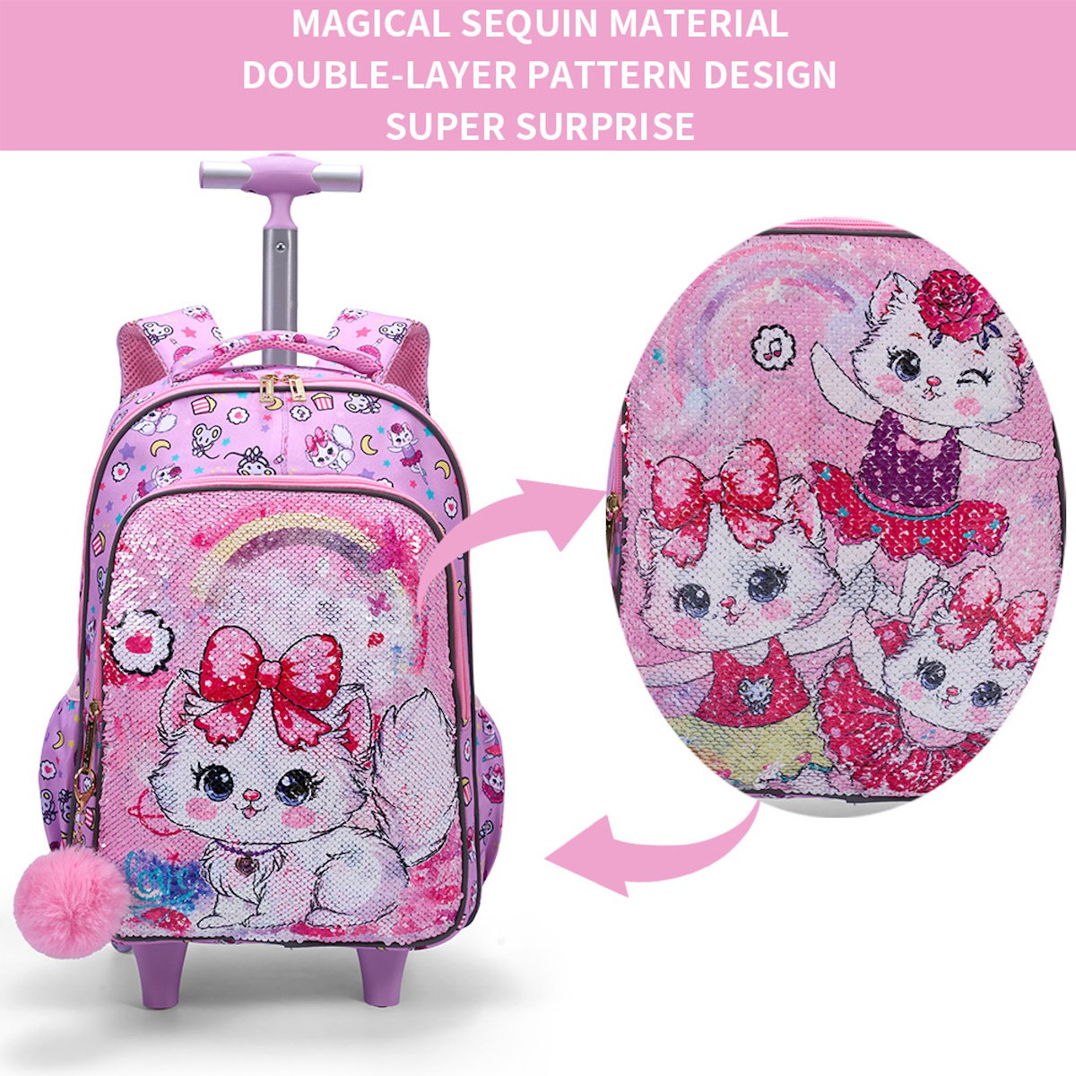 3PCS 2-in-1 Reversible Sequin Glitter Cat Trolley School Bag Childrens Rucksack with Wheels and Lunchbox Pencil Case Set - ChildAngle