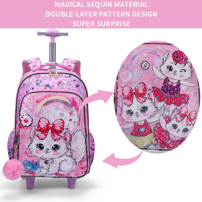 3PCS 2-in-1 Reversible Sequin Glitter Cat Trolley School Bag Childrens Rucksack with Wheels and Lunchbox Pencil Case Set - ChildAngle