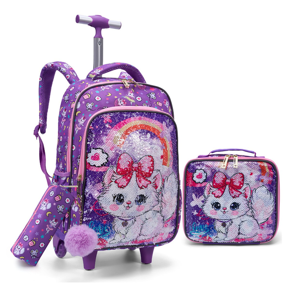 3PCS 2-in-1 Reversible Sequin Glitter Cat Trolley School Bag Childrens Rucksack with Wheels and Lunchbox Pencil Case Set - ChildAngle