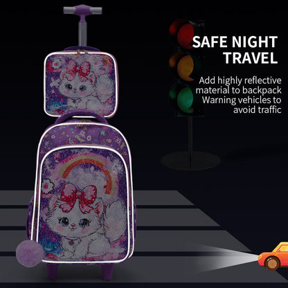 3PCS 2-in-1 Reversible Sequin Glitter Cat Trolley School Bag Childrens Rucksack with Wheels and Lunchbox Pencil Case Set - ChildAngle