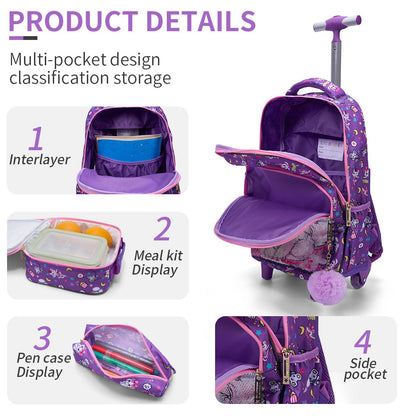 3PCS 2-in-1 Reversible Sequin Glitter Cat Trolley School Bag Childrens Rucksack with Wheels and Lunchbox Pencil Case Set - ChildAngle