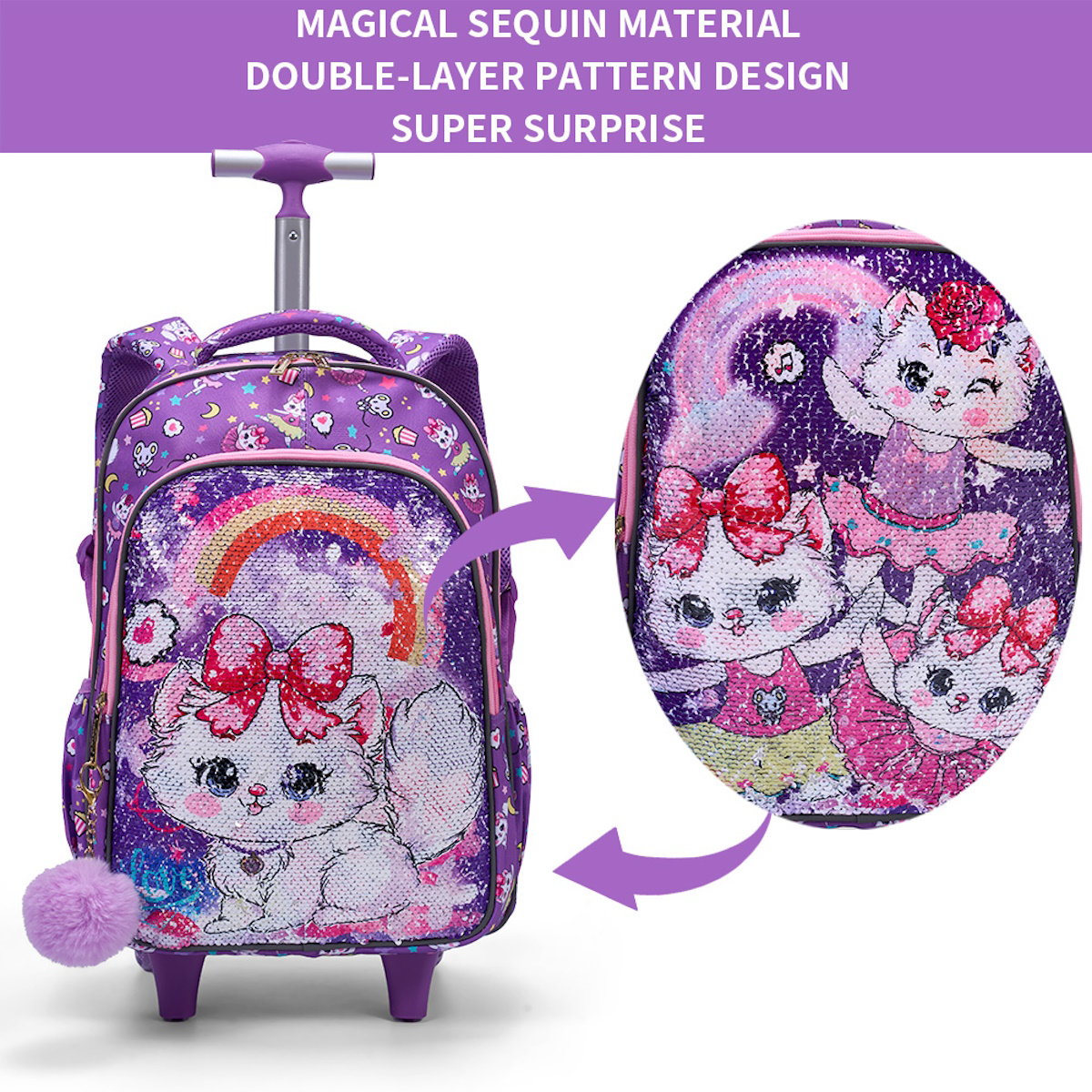 3PCS 2-in-1 Reversible Sequin Glitter Cat Trolley School Bag Childrens Rucksack with Wheels and Lunchbox Pencil Case Set - ChildAngle
