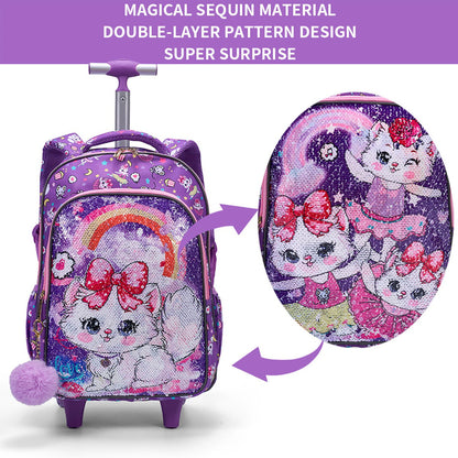 3PCS 2-in-1 Reversible Sequin Glitter Cat Trolley School Bag Childrens Rucksack with Wheels and Lunchbox Pencil Case Set - ChildAngle