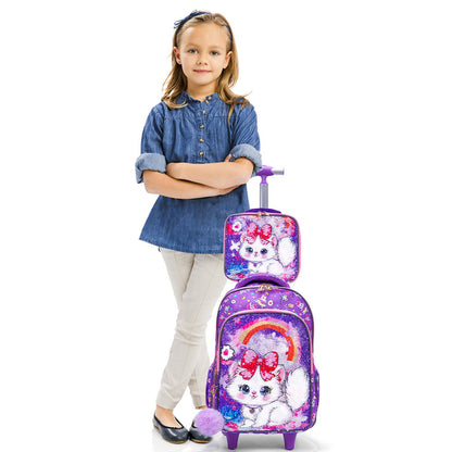 3PCS 2-in-1 Reversible Sequin Glitter Cat Trolley School Bag Childrens Rucksack with Wheels and Lunchbox Pencil Case Set - ChildAngle