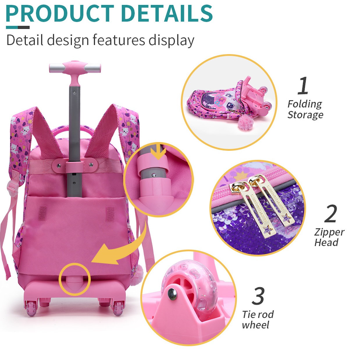 3PCS 2-in-1 Reversible Sequin Glitter Cat Trolley School Bag Childrens Rucksack with Wheels and Lunchbox Pencil Case Set - ChildAngle