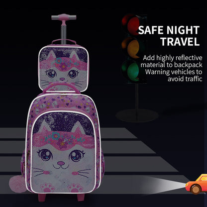 3PCS 2-in-1 Reversible Sequin Glitter Cat Trolley School Bag Childrens Rucksack with Wheels and Lunchbox Pencil Case Set - ChildAngle