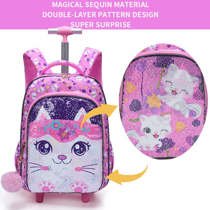 3PCS 2-in-1 Reversible Sequin Glitter Cat Trolley School Bag Childrens Rucksack with Wheels and Lunchbox Pencil Case Set - ChildAngle