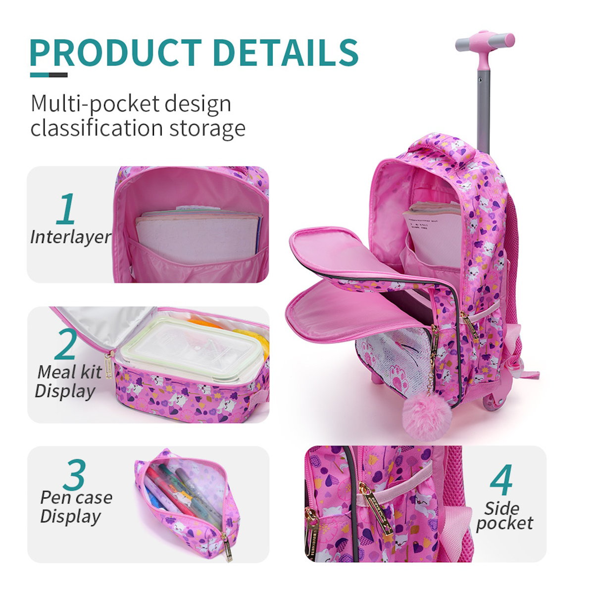 3PCS 2-in-1 Reversible Sequin Glitter Cat Trolley School Bag Childrens Rucksack with Wheels and Lunchbox Pencil Case Set - ChildAngle