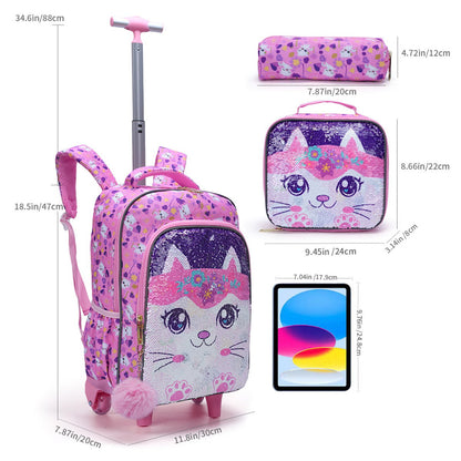 3PCS 2-in-1 Reversible Sequin Glitter Cat Trolley School Bag Childrens Rucksack with Wheels and Lunchbox Pencil Case Set - ChildAngle