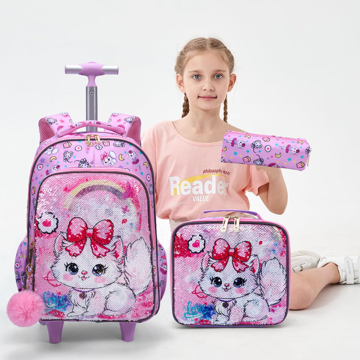 3PCS 2-in-1 Reversible Sequin Glitter Cat Trolley School Bag Childrens Rucksack with Wheels and Lunchbox Pencil Case Set - ChildAngle