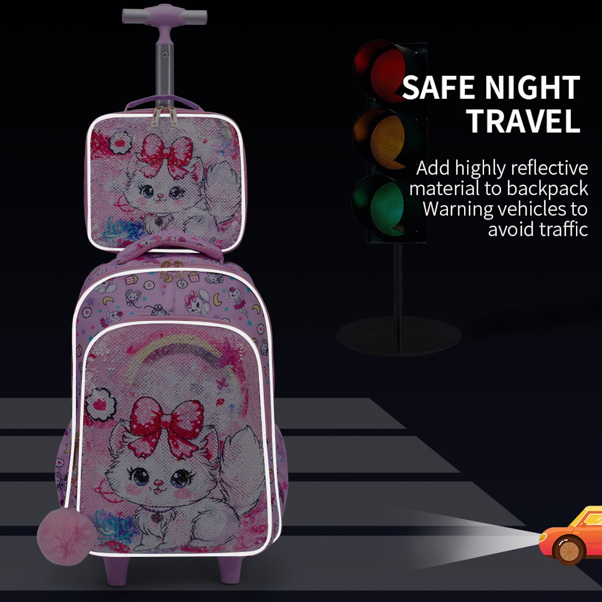 3PCS 2-in-1 Reversible Sequin Glitter Cat Trolley School Bag Childrens Rucksack with Wheels and Lunchbox Pencil Case Set - ChildAngle