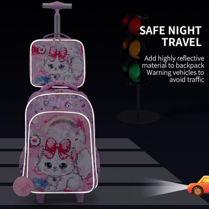 3PCS 2-in-1 Reversible Sequin Glitter Cat Trolley School Bag Childrens Rucksack with Wheels and Lunchbox Pencil Case Set - ChildAngle
