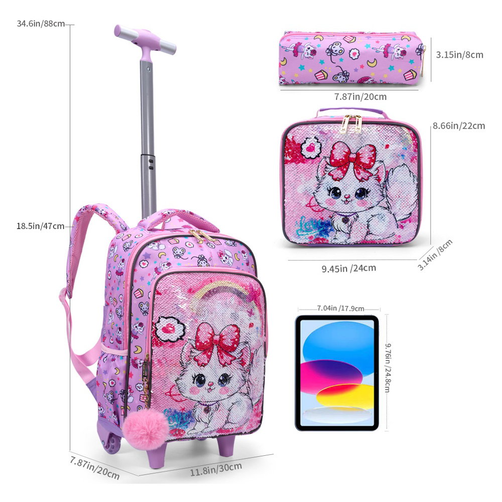 3PCS 2-in-1 Reversible Sequin Glitter Cat Trolley School Bag Childrens Rucksack with Wheels and Lunchbox Pencil Case Set - ChildAngle