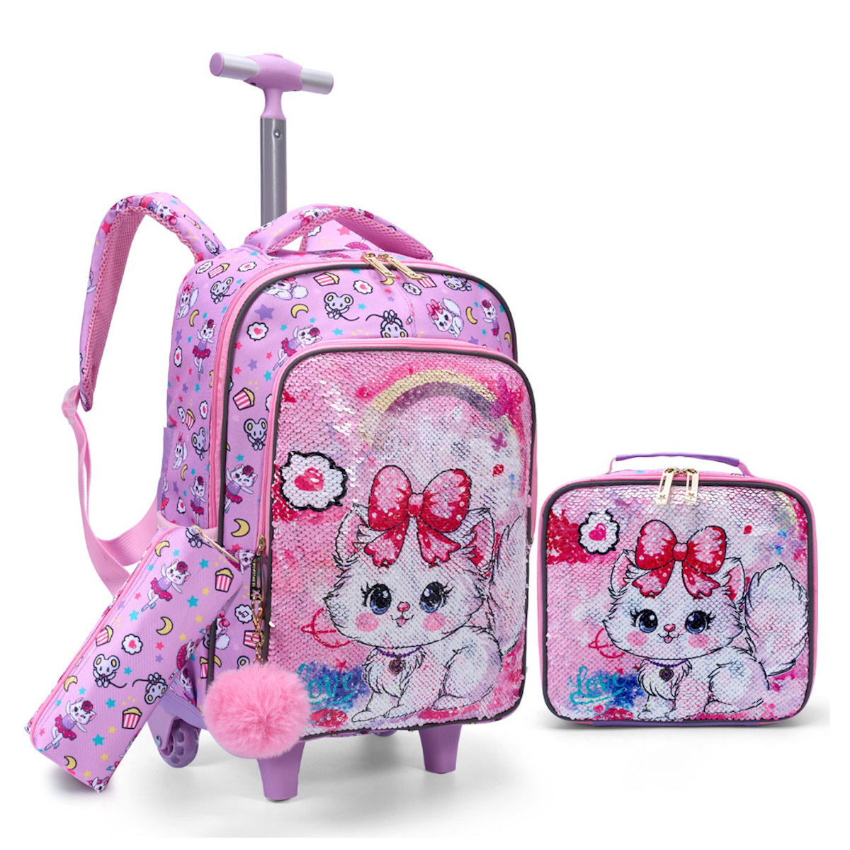 3PCS 2-in-1 Reversible Sequin Glitter Cat Trolley School Bag Childrens Rucksack with Wheels and Lunchbox Pencil Case Set - ChildAngle