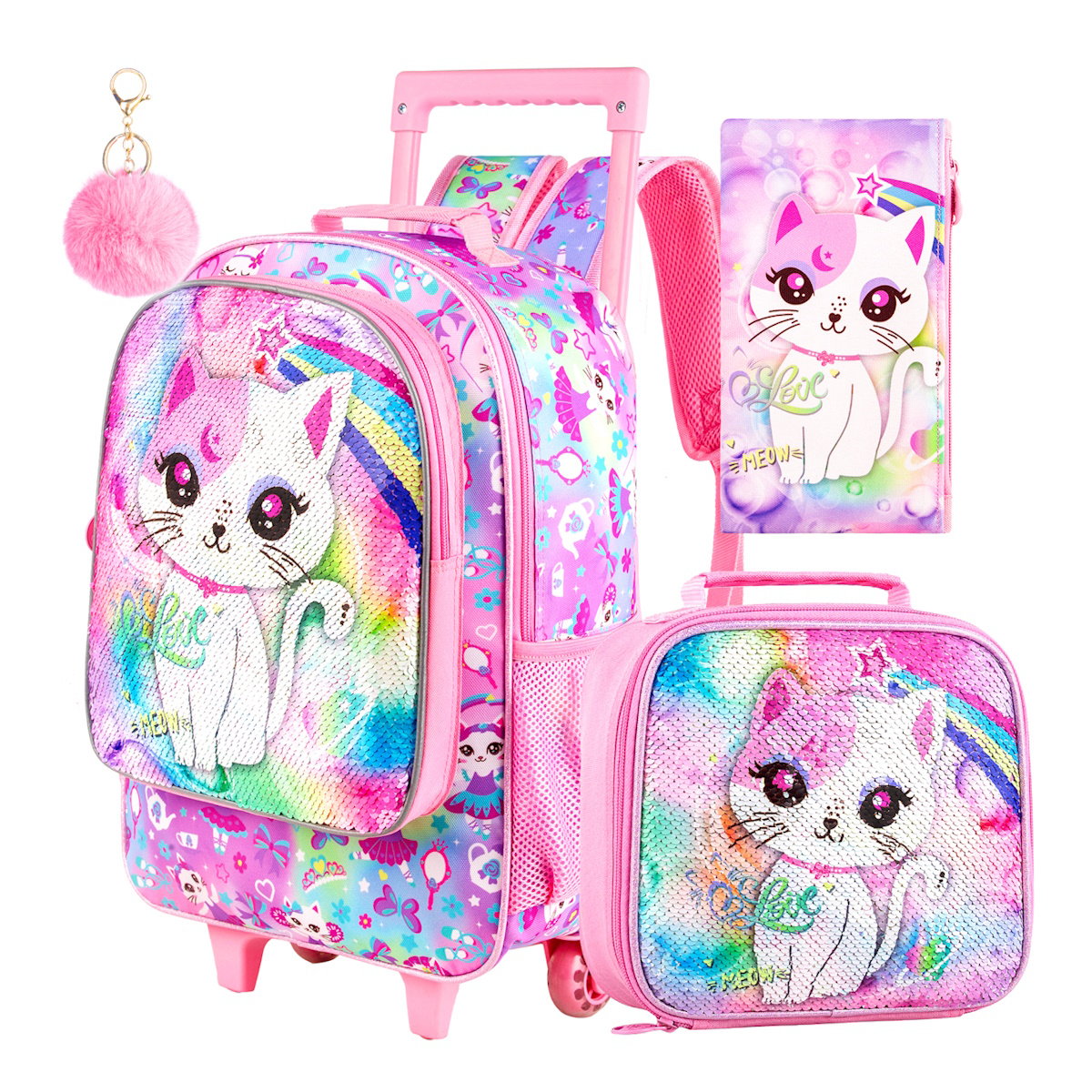 3PCS 2-in-1 Reversible Cat Glitter Backpack with Wheels and Lunchbox Pencil Case Set - ChildAngle