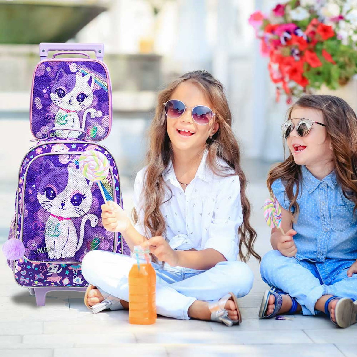 3PCS 2-in-1 Reversible Cat Glitter Backpack with Wheels and Lunchbox Pencil Case Set - ChildAngle