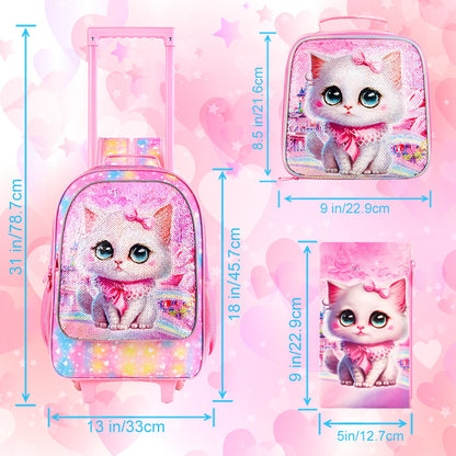 3PCS 2-in-1 Reversible Cat Glitter Backpack with Wheels and Lunchbox Pencil Case Set - ChildAngle