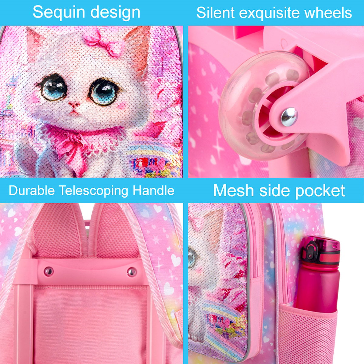 3PCS 2-in-1 Reversible Cat Glitter Backpack with Wheels and Lunchbox Pencil Case Set - ChildAngle