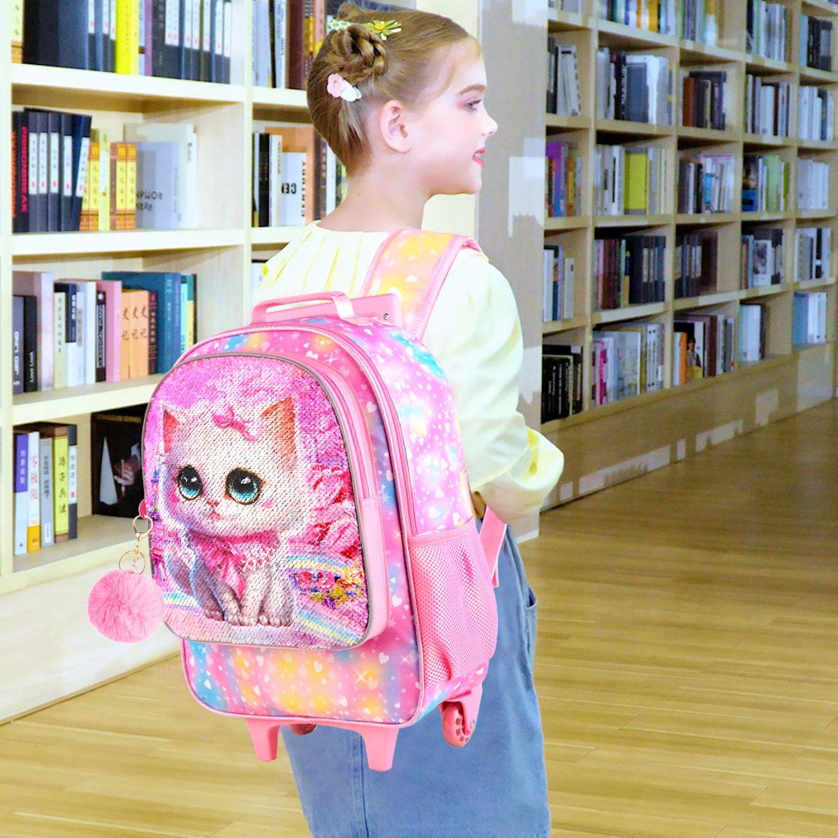 3PCS 2-in-1 Reversible Cat Glitter Backpack with Wheels and Lunchbox Pencil Case Set - ChildAngle