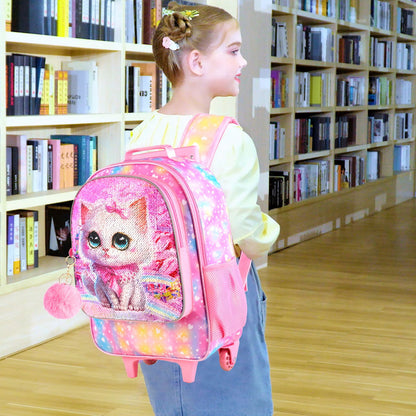 3PCS 2-in-1 Reversible Cat Glitter Backpack with Wheels and Lunchbox Pencil Case Set - ChildAngle