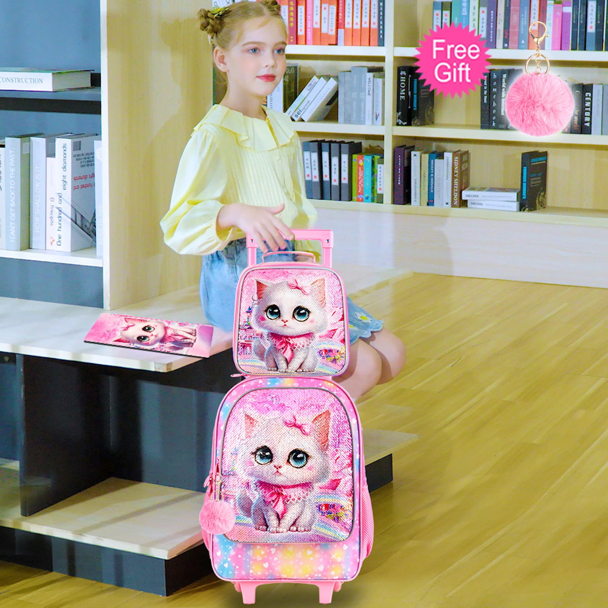 3PCS 2-in-1 Reversible Cat Glitter Backpack with Wheels and Lunchbox Pencil Case Set - ChildAngle