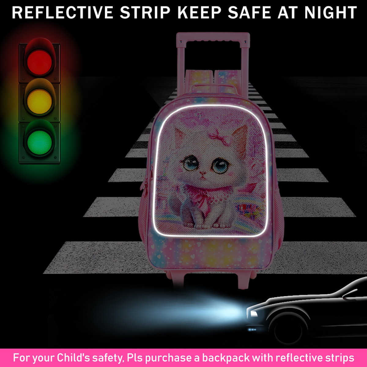 3PCS 2-in-1 Reversible Cat Glitter Backpack with Wheels and Lunchbox Pencil Case Set - ChildAngle