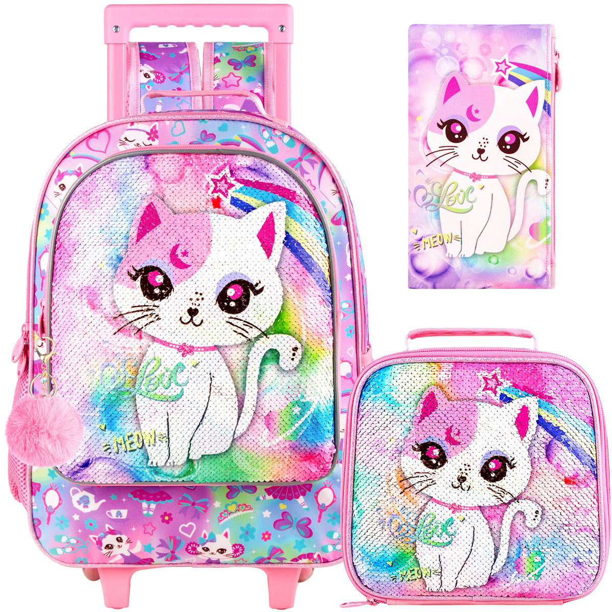 3PCS 2-in-1 Reversible Cat Glitter Backpack with Wheels and Lunchbox Pencil Case Set - ChildAngle