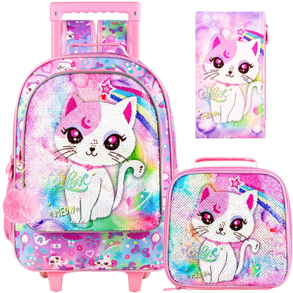 3PCS 2-in-1 Reversible Cat Glitter Backpack with Wheels and Lunchbox Pencil Case Set - ChildAngle