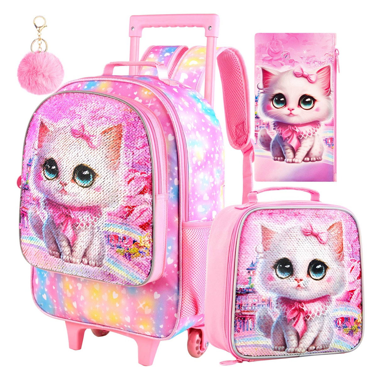 3PCS 2-in-1 Reversible Cat Glitter Backpack with Wheels and Lunchbox Pencil Case Set - ChildAngle