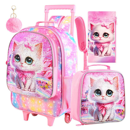 3PCS 2-in-1 Reversible Cat Glitter Backpack with Wheels and Lunchbox Pencil Case Set - ChildAngle