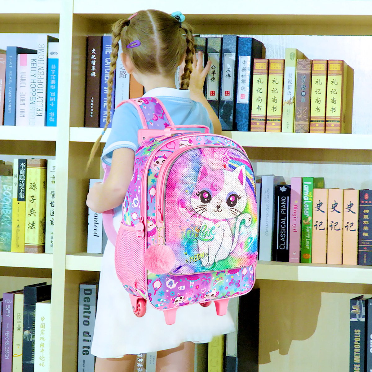 3PCS 2-in-1 Reversible Cat Glitter Backpack with Wheels and Lunchbox Pencil Case Set - ChildAngle