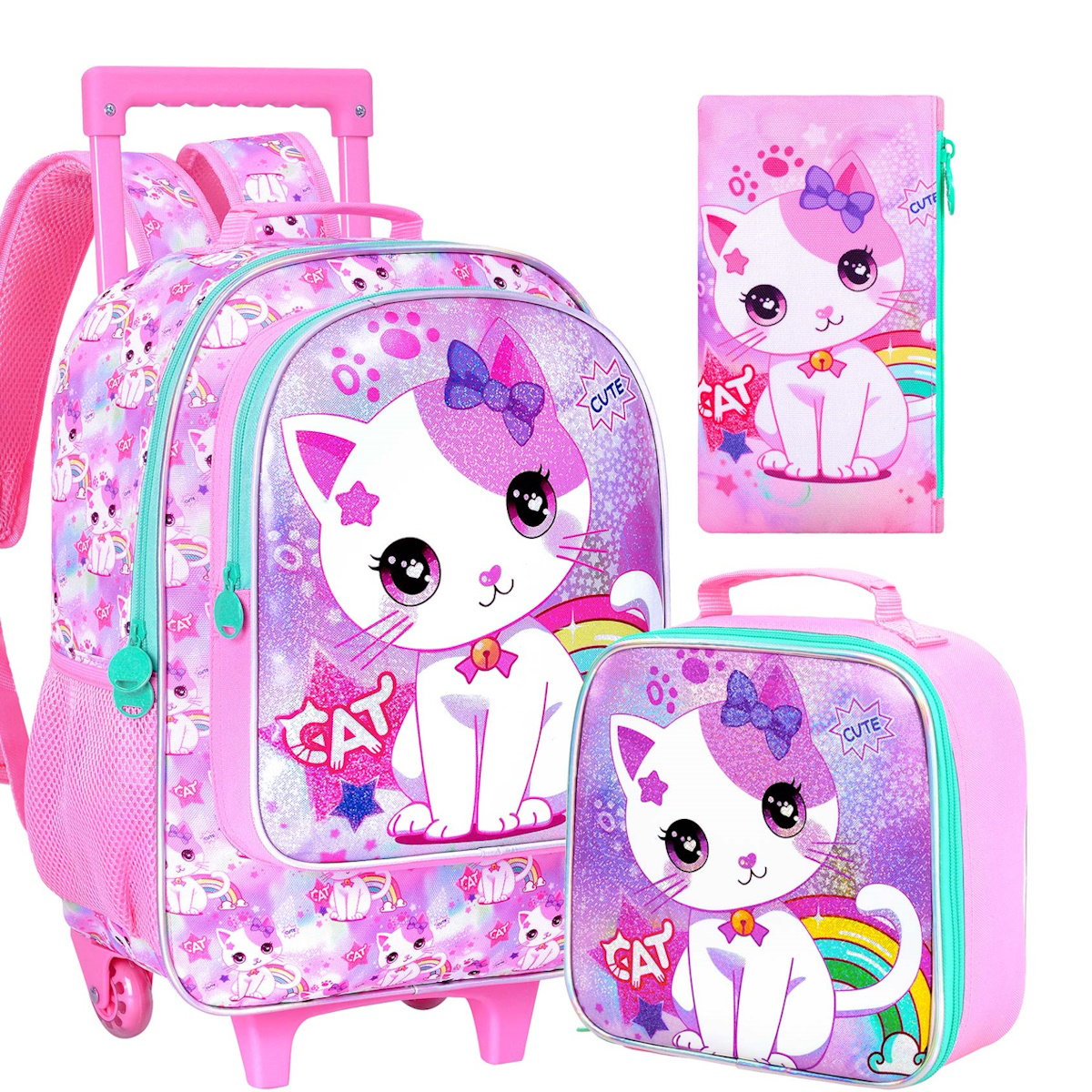 3PCS 2-in-1 Reversible Cat Glitter Backpack with Wheels and Lunchbox Pencil Case Set - ChildAngle