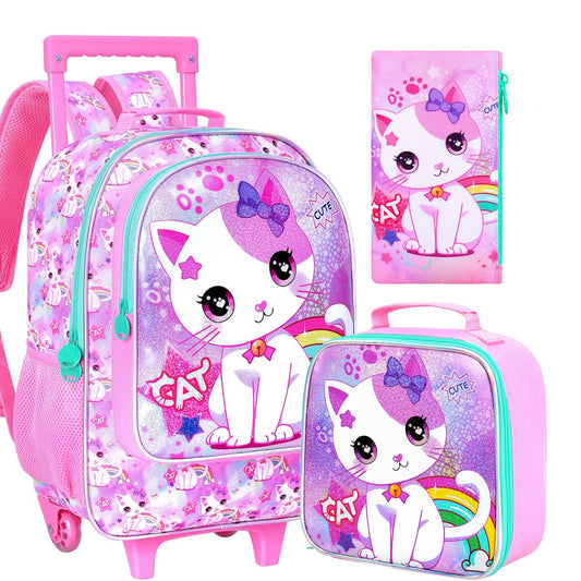 3PCS 2-in-1 Reversible Cat Glitter Backpack with Wheels and Lunchbox Pencil Case Set - ChildAngle