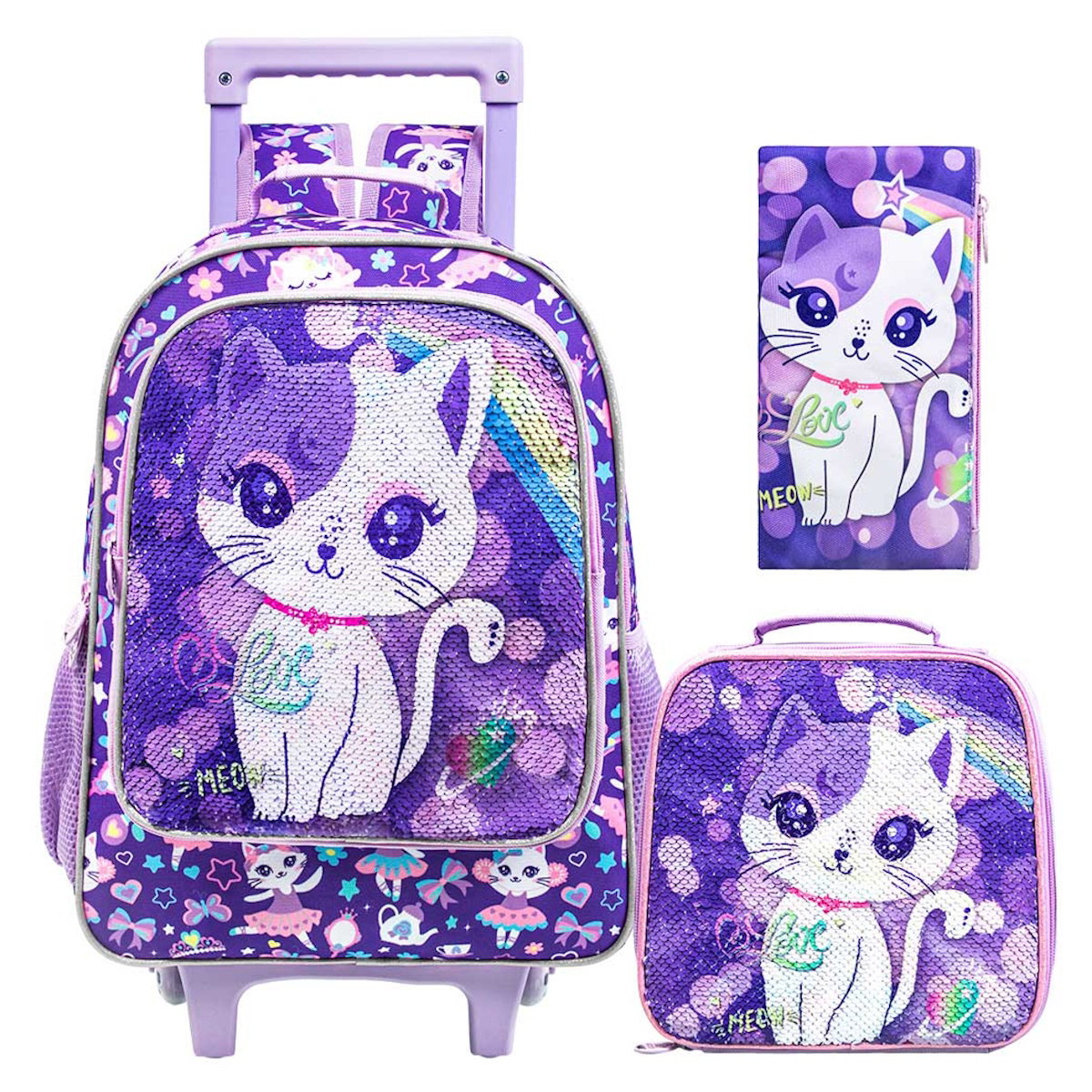 3PCS 2-in-1 Reversible Cat Glitter Backpack with Wheels and Lunchbox Pencil Case Set - ChildAngle